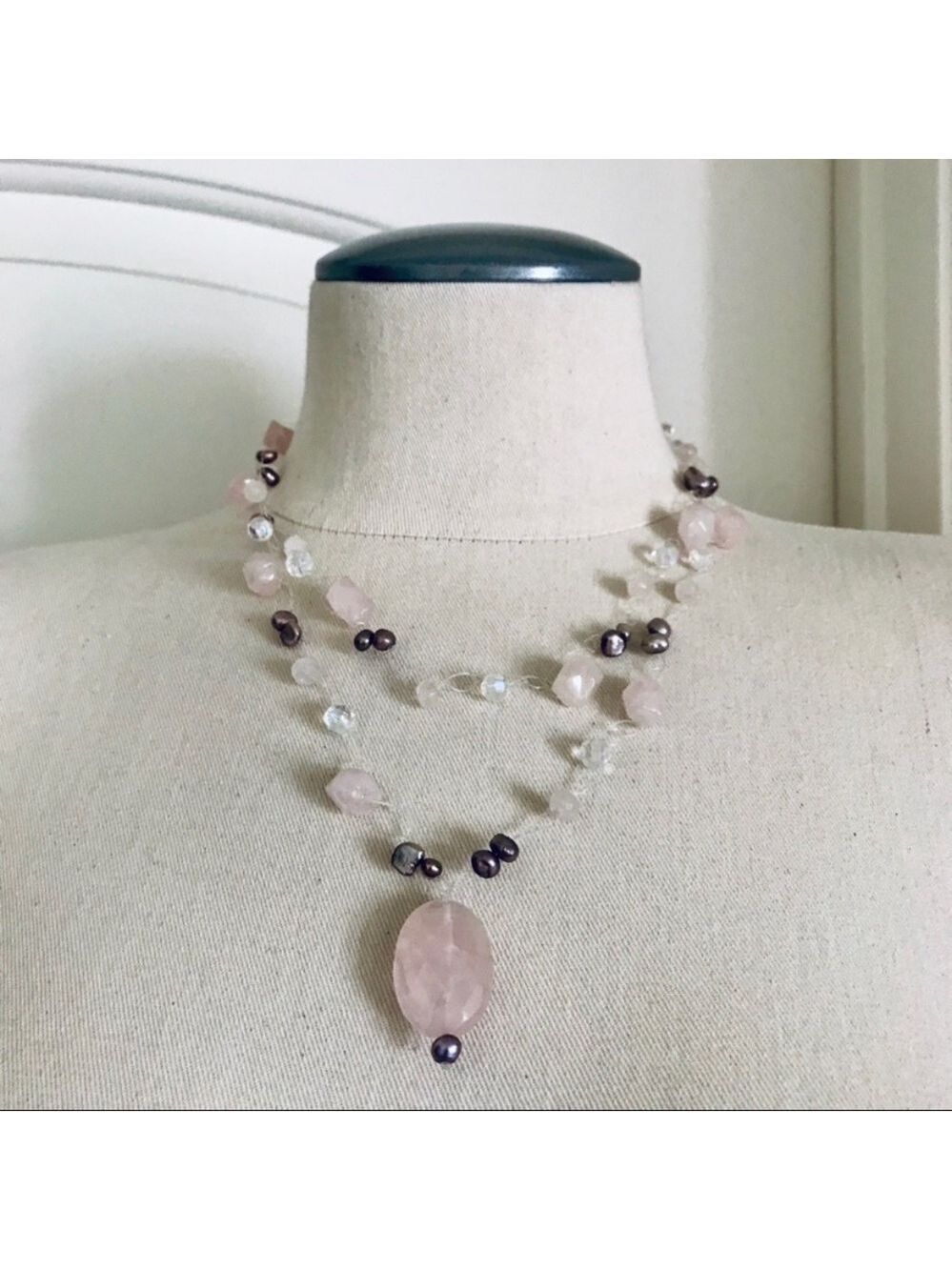 Handmade Rose Quartz Baroque Pearls Crystal Beads Statement Necklace